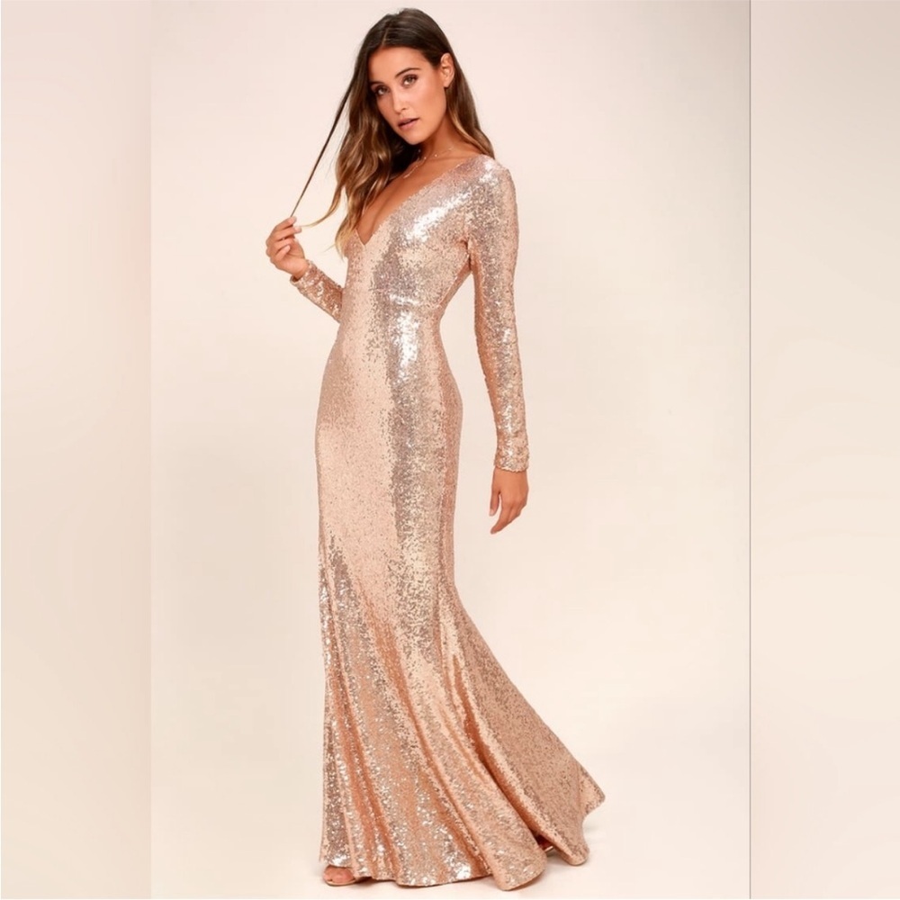NWT Lulus Capture the Moon Rose Gold Long Sleeve Sequin Maxi Dress - Picture 2 of 9